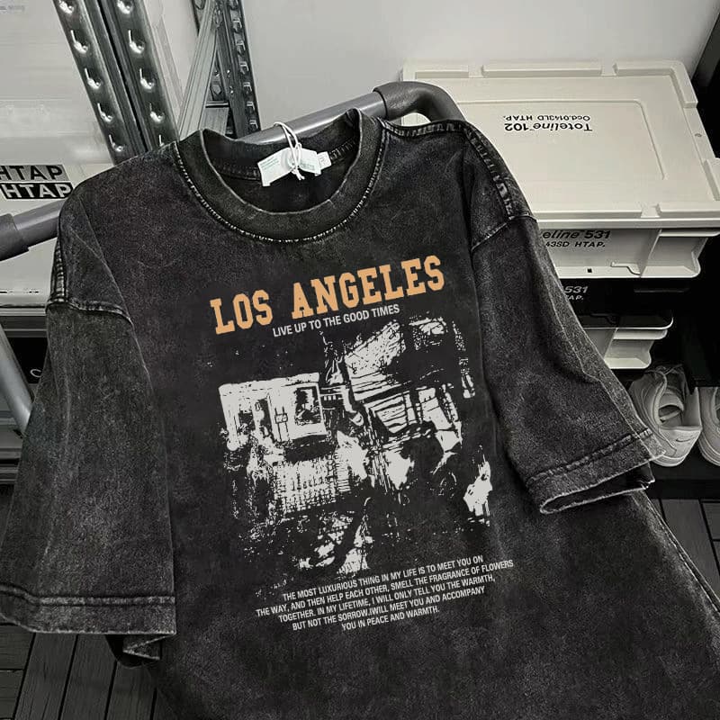 Heavyweight Cotton Vintage Washed Distressed Short-Sleeve Summer Shirt, Loose American-Style Versatile Printed Men's Top