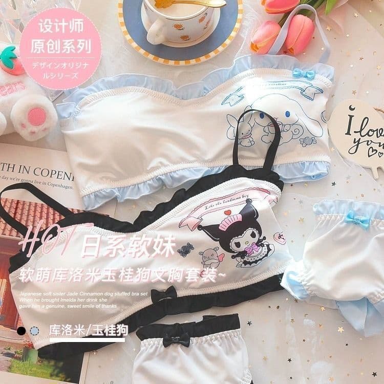 Sexy Cute Bra Set, Kuromi Cinnamoroll, Wire-Free Push-Up, Anime Cartoon Underwear