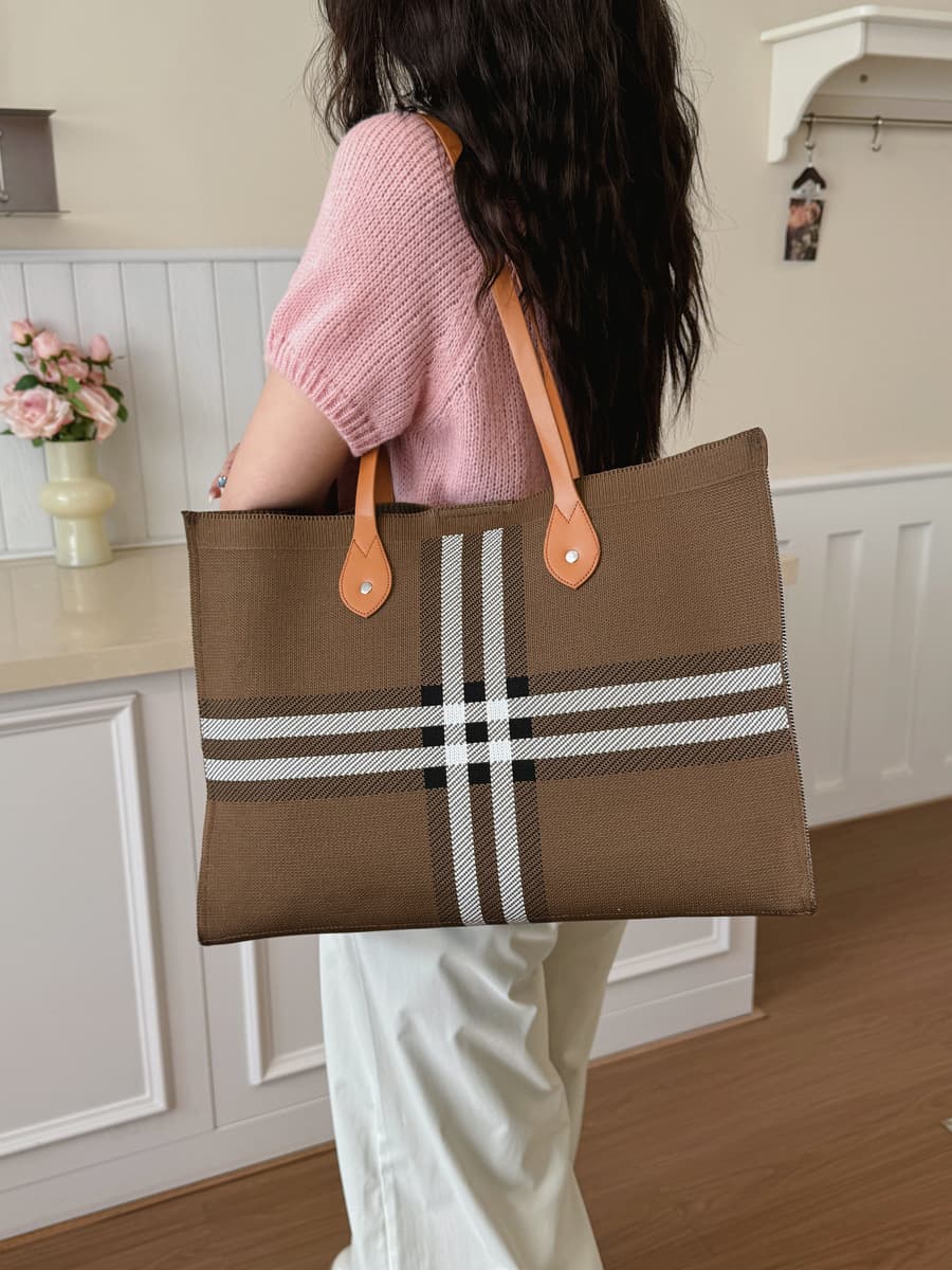 Korean Niche Plaid Tote Bag New Large Capacity Commute Shoulder Bag Student School Durable Practical Shopping Bag