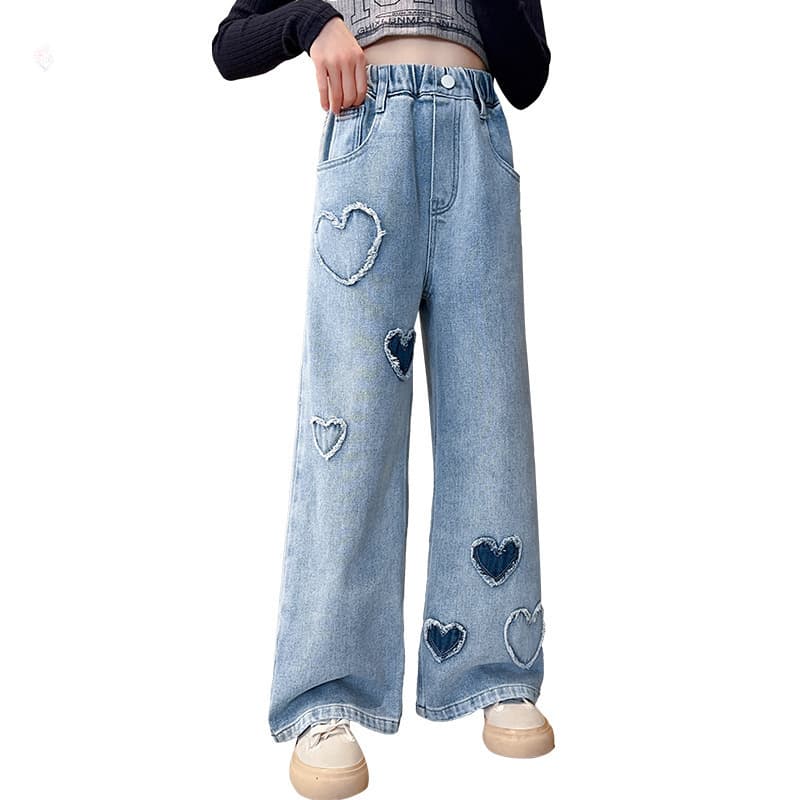 Girls Heart Raw Hem Wide Leg Jeans 2025 New Pants Children Loose Medium Big Kids Spring Autumn Long Pants