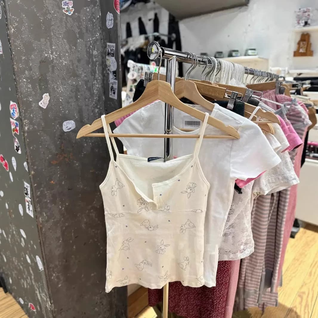BM Style New American Three-Button Lace Collar Bunny Print Camisole Top Slim Fit Base Layer for Women