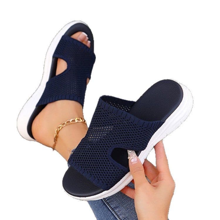 2025 New Summer Women's Shoes, Wedge Heel Sandals, Thick Sole, Mesh, Hollowed-out Breathable Half-Slippers