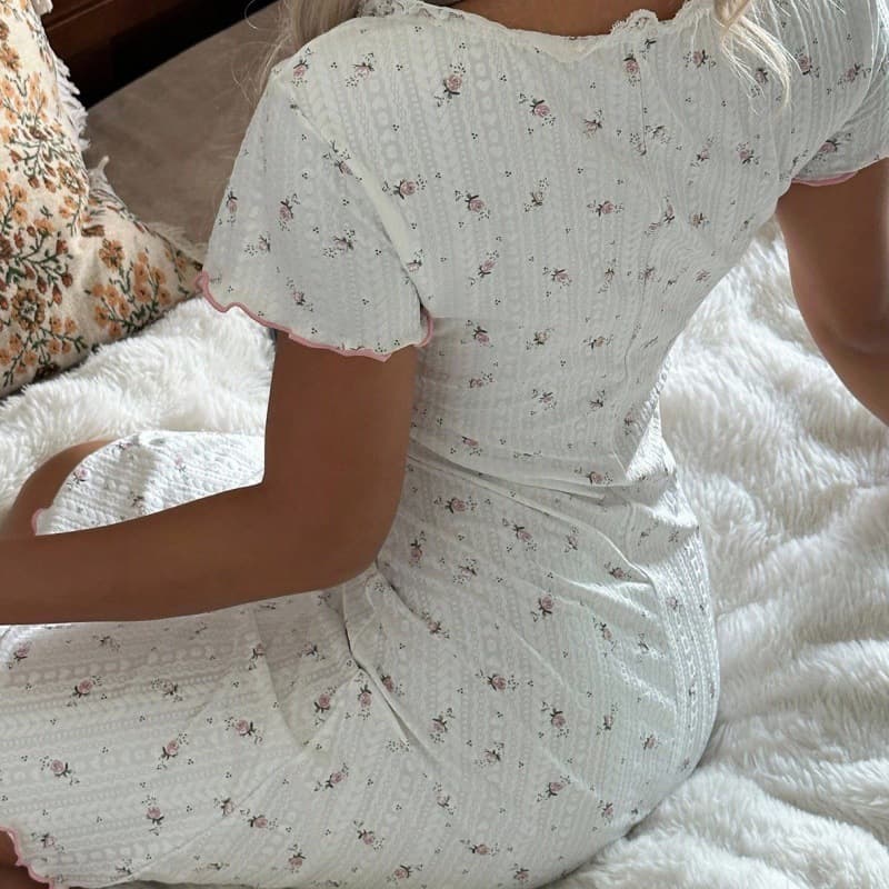 2026 Cross-border European and American style floral nightgown for women, lace trim short-sleeved home dress