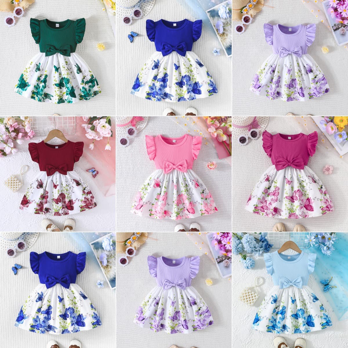 2026 Girls' Summer Sweet Flutter Sleeve Patchwork Butterfly Floral Dress, Infant Bow Decoration, Fresh Forest Style Dress