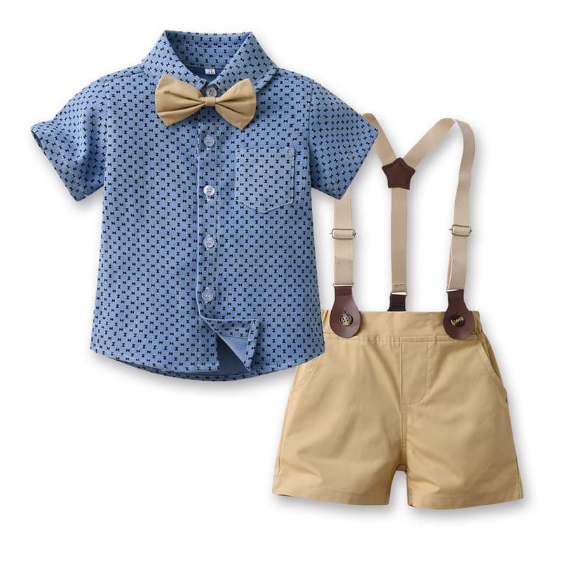 2025 Summer Striped Bow Short-Sleeve Cardigan Overalls Shorts Korean Style Children's Performance Outfit Set Wholesale
