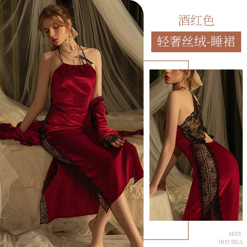 Sexy halter neck leopard print maxi dress, alluring high slit lace backless nightgown, satin pajamas/robe wholesale.