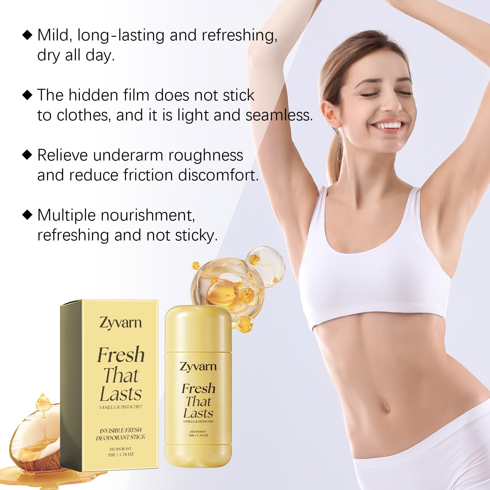 Cross-border Zyvarn Deodorant Stick Comfortable Underarm Sweat Absorption Long-lasting Transparent Fragrance Deodorant Cream Wholesale Spot Stock for Export