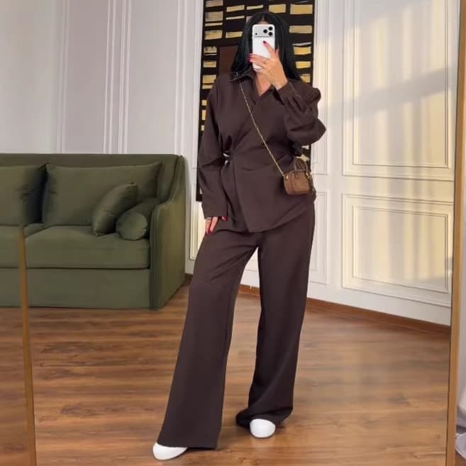 2026 Autumn/Winter New Arrival Cross-Border European and American Style Cardigan with Tie Waist Long Sleeve and Loose Wide-Leg Pants Two-Piece Set