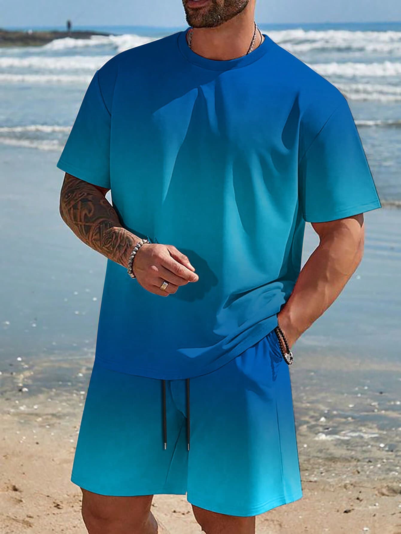 Y2 Summer Digital Print Short Sleeve Men's Beach Shorts Shirt Set Casual Sports