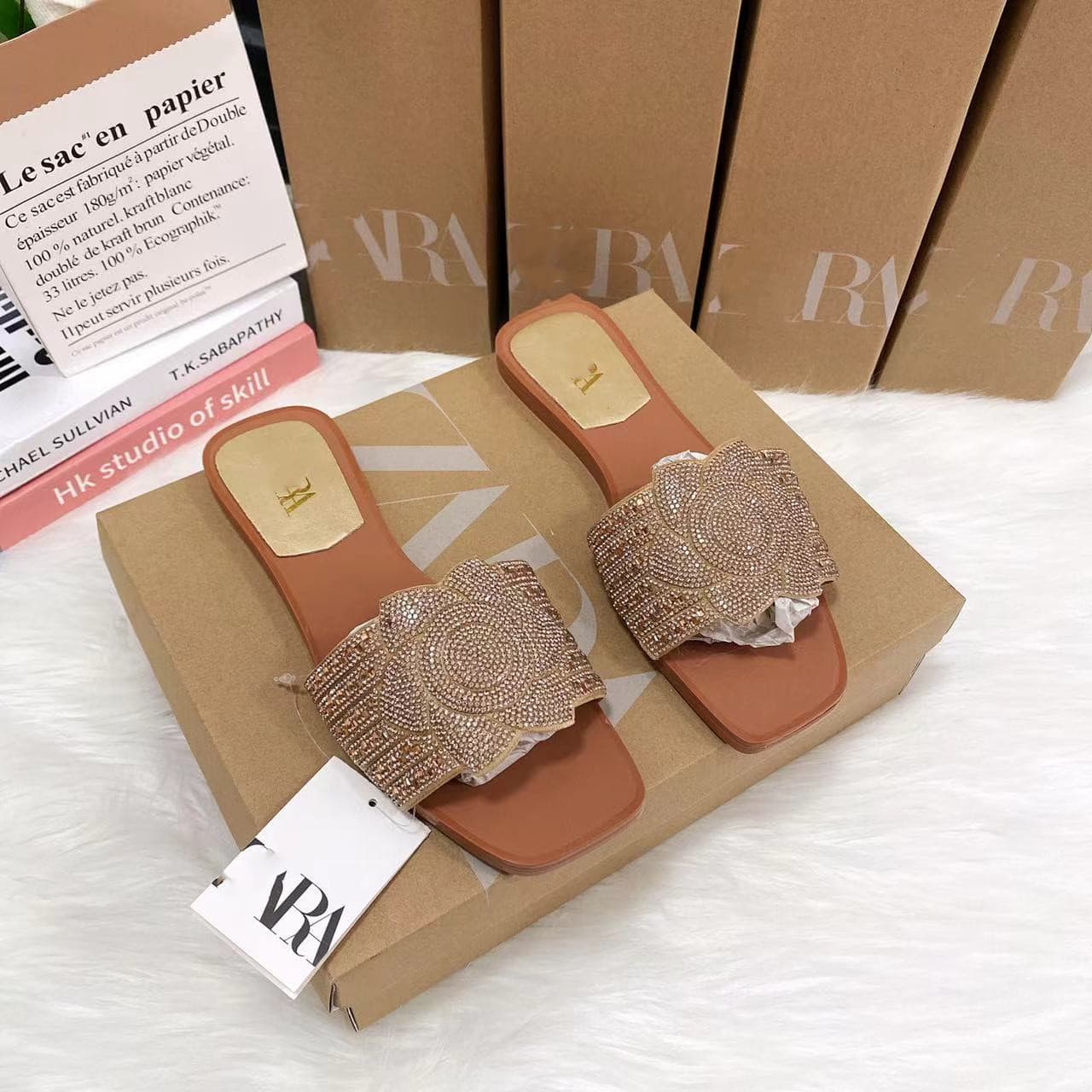 ZR Home Export New Floral Rhinestone Flat Sandals Slippers for Women