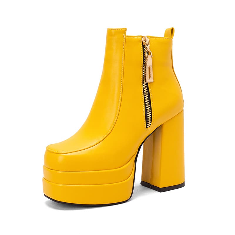 New European and American style side zipper square toe short riding boots, double-layer platform chunky high heel boots, sizes 40-50 (plus size).