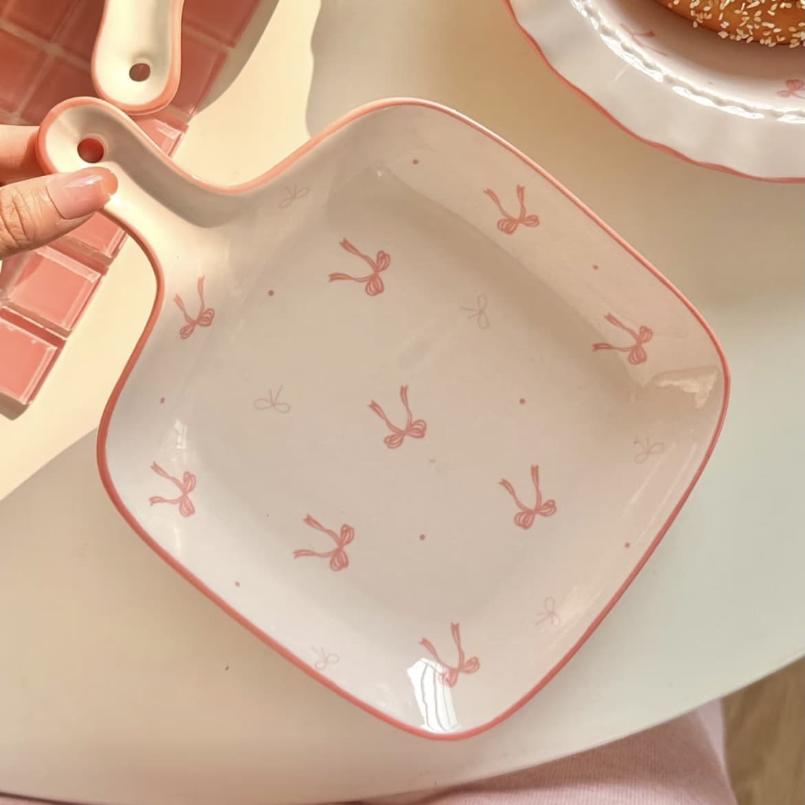 Pink Bow Ceramic Dinnerware Set with Rice Bowls, Noodle Bowls, and Plates, Underglaze Color, Beautiful Home Use