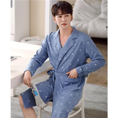 Men's long-sleeved cotton bathrobe, plus size, suitable for spring and autumn. Autumn bathrobe, long pajamas, non-moisture-wicking.