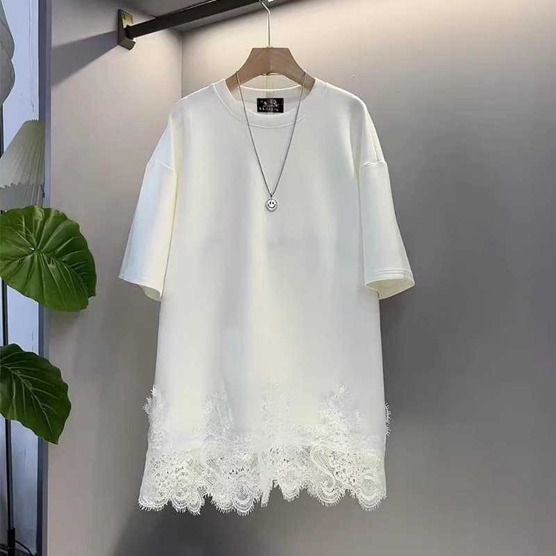 300lb Plus Size Round Neck Mid-Length Short Sleeve T-Shirt Summer Lace Hem Patch Solid Pullover Top