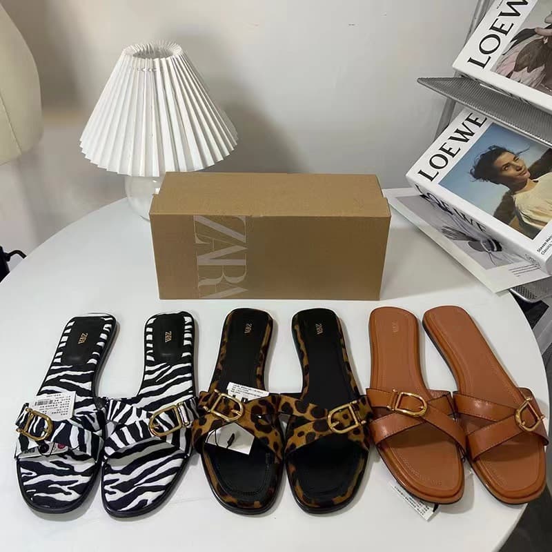 ZA New 2025 Women's Leather Shoes with Sexy Leopard Print Cross Strap, Metal Buckle, Open Back Flat Sandals