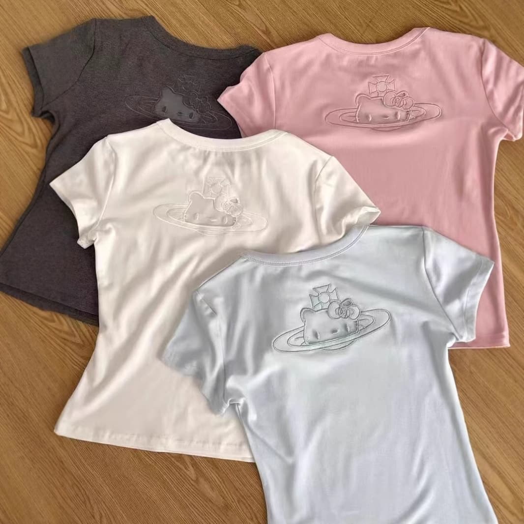 Jane Manny Design Sense Hollow Kitty Cat Embroidery Hollow Shoulder Short Sleeve Sweet Cool Spice Girl Style Niche T-Shirt Female Summer