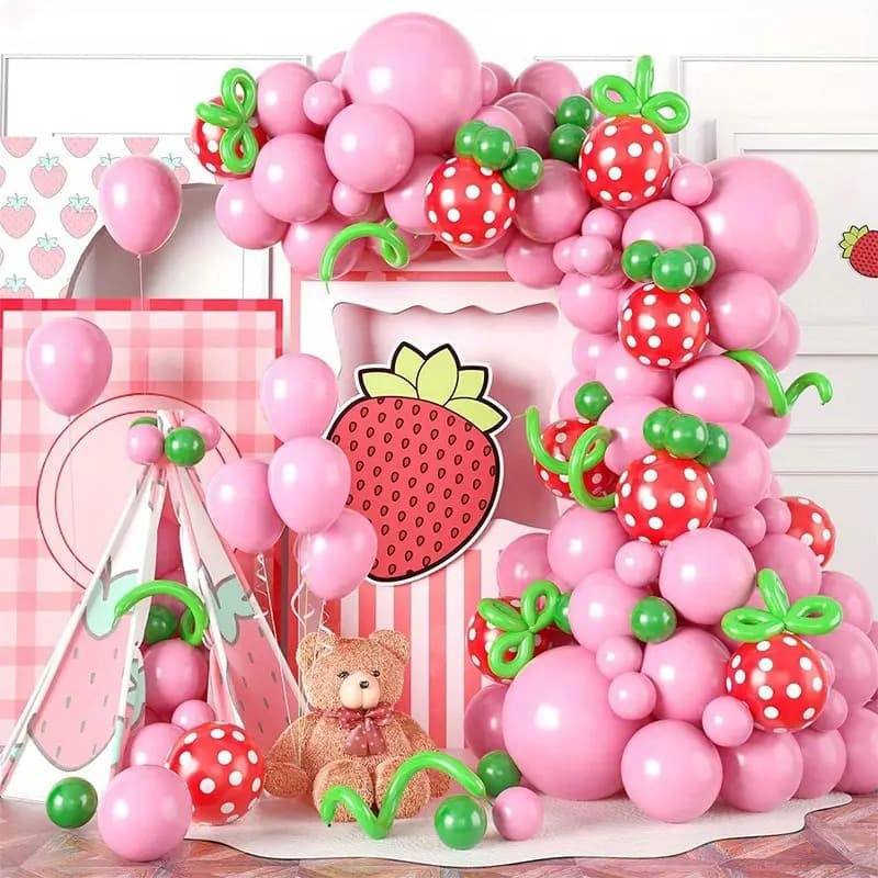 Cross-border Pink Strawberry Party Balloon Garland Set Wholesale Birthday Party Atmosphere Decoration Strawberry Theme Balloons