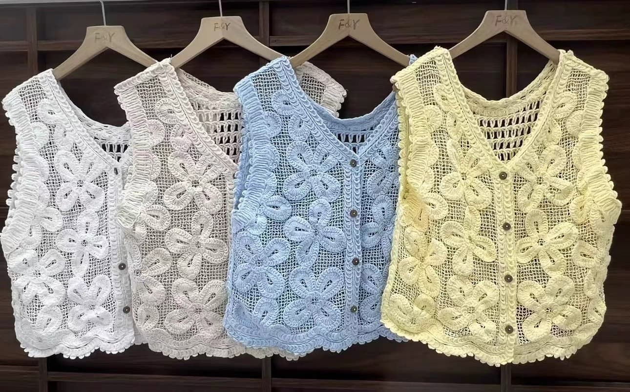 French Vintage V-Neck Knit Vest Crochet Lace Design Sleeveless Cardigan for Women