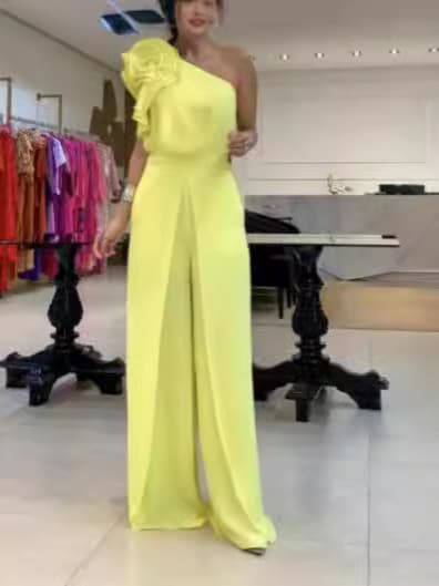 New cross-border solid color independent website European and American style yellow three-dimensional floral fashion off-shoulder wide-leg jumpsuit, ready for wholesale.