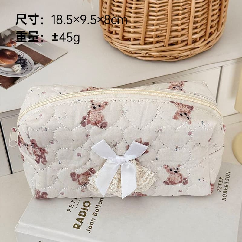 Bear Print Quilted Cosmetic Bag Cute Large Capacity Ins Style Portable Toiletry Bag