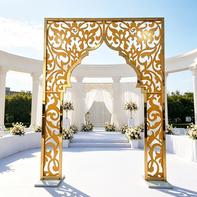 Luxurious Wedding Arch with Shiny Gold Mirror Stainless Steel Engraved Arch Background Stand Wedding Decoration Props