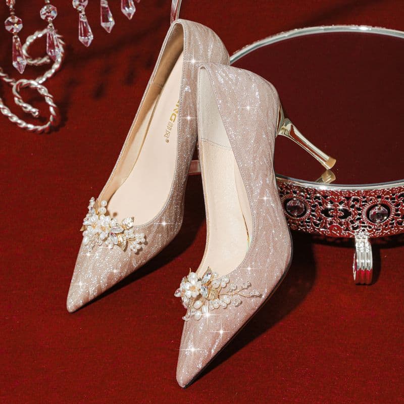 Bride Champagne Wedding Shoes 2025 New Crystal Comfortable High Heels, Square Toe Flat