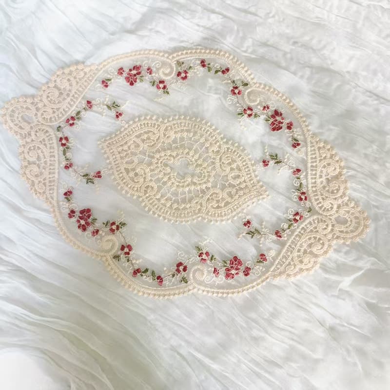Round Lace Embroidery Placemat Home Dining Table Decor French Rustic Embroidery Cup Mat