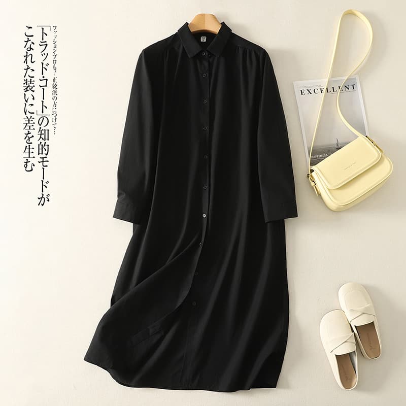 2026 Fall New Loose Plus Size Women Midi Versatile Turn Collar Solid Long Sleeve Cotton Linen Shirt Dress