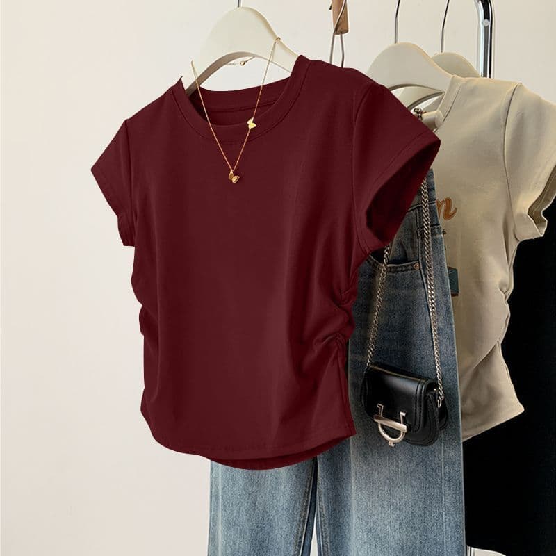 Single/Two-Piece Ruffled Irregular Curved Waist-Defining Top, Round Neck, Summer Ribbed Slim Fit Women's T-Shirt