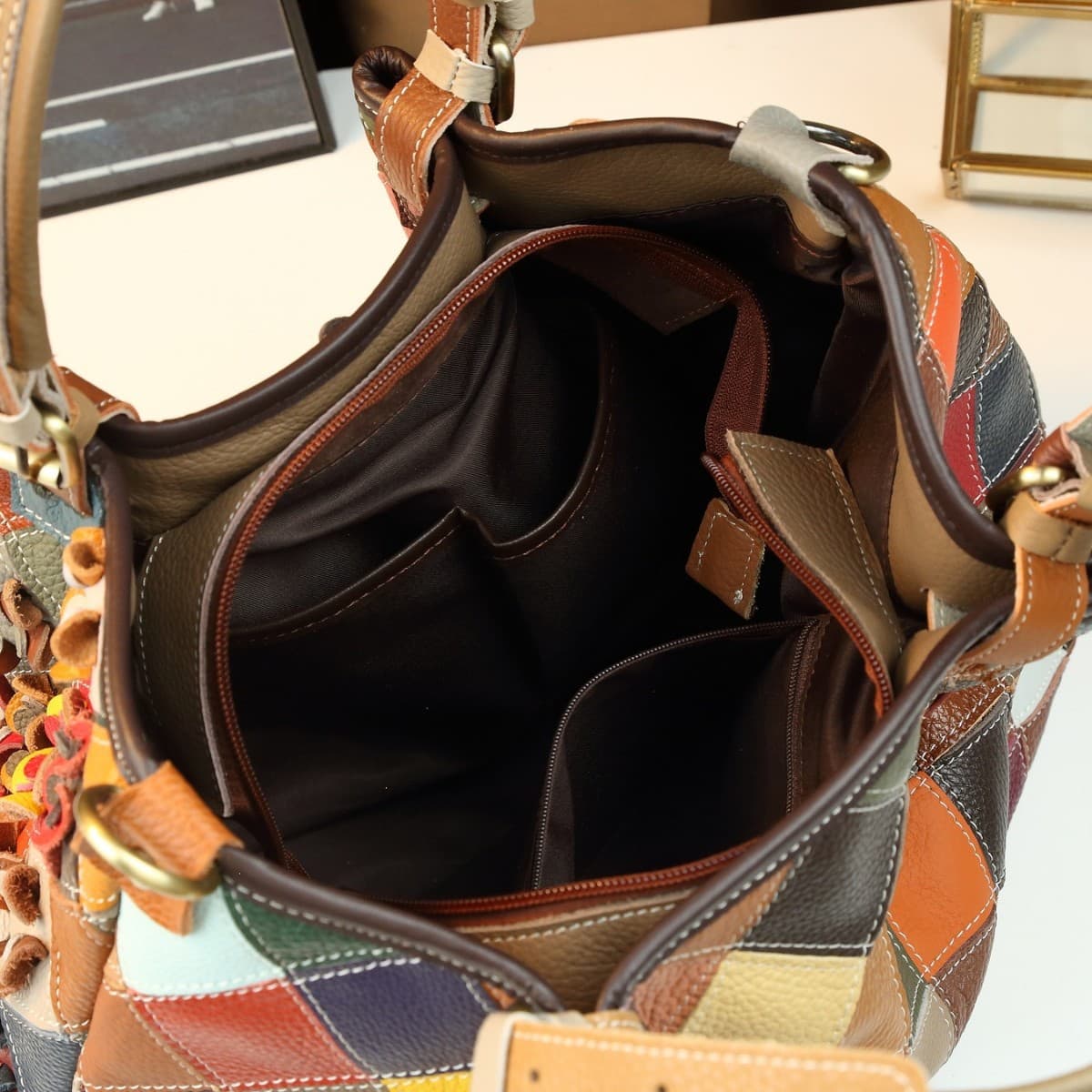 Bohemian Style Design Genuine Leather Bucket Bag Flower Patchwork Color Block Large Capacity Single Shoulder Crossbody Women Bag