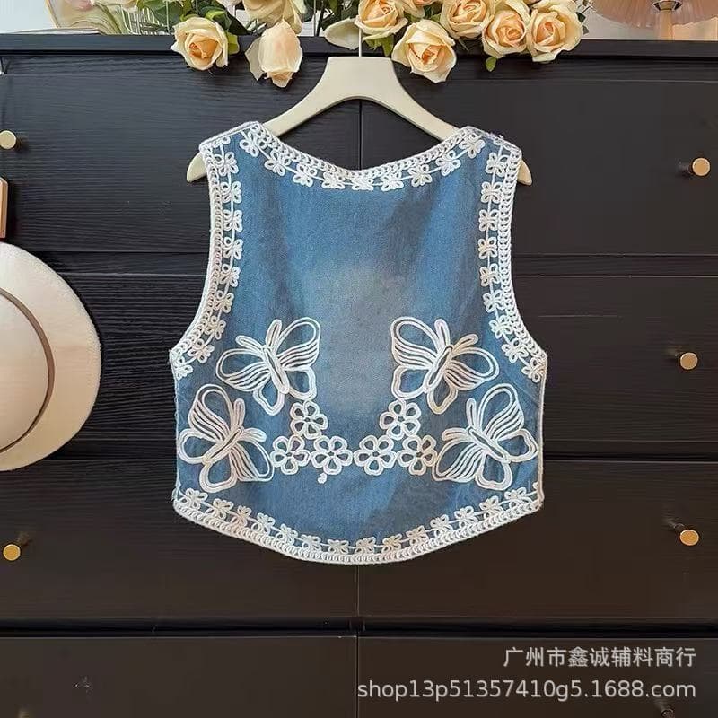 Bohemian style embroidered butterfly denim vest for women, new summer style, heavy-duty beaded sequined loose-fitting youthful top
