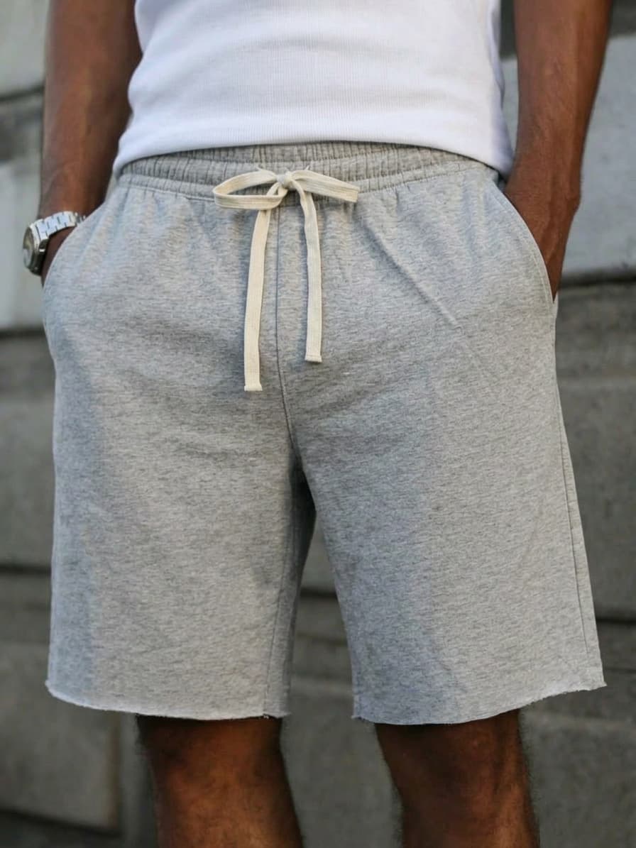 Men's Light Gray Raw Hem Casual Sweatpants Loose Drawstring Sports 5-Inch Shorts Wholesale