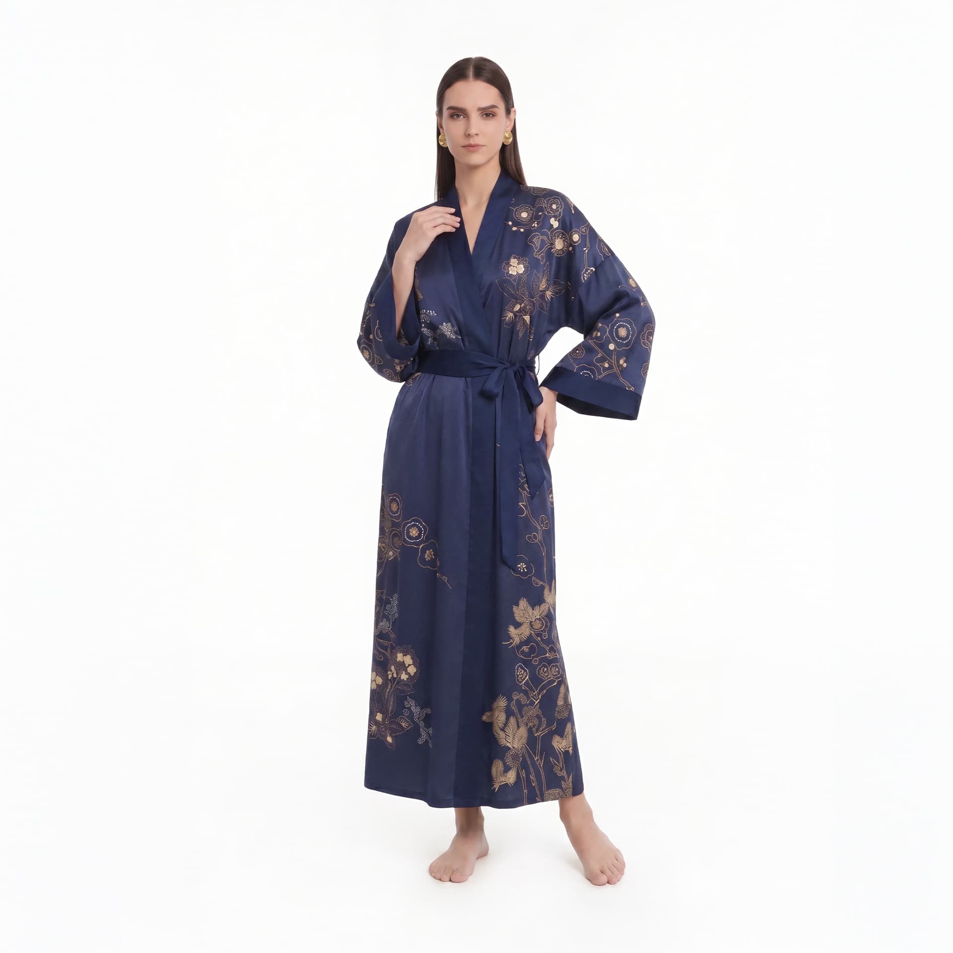 New European and American Cross-Border Satin Chiffon Floral Print Nightgown Loose Pajamas Women's Kimono Robe Bathrobe Wp4208