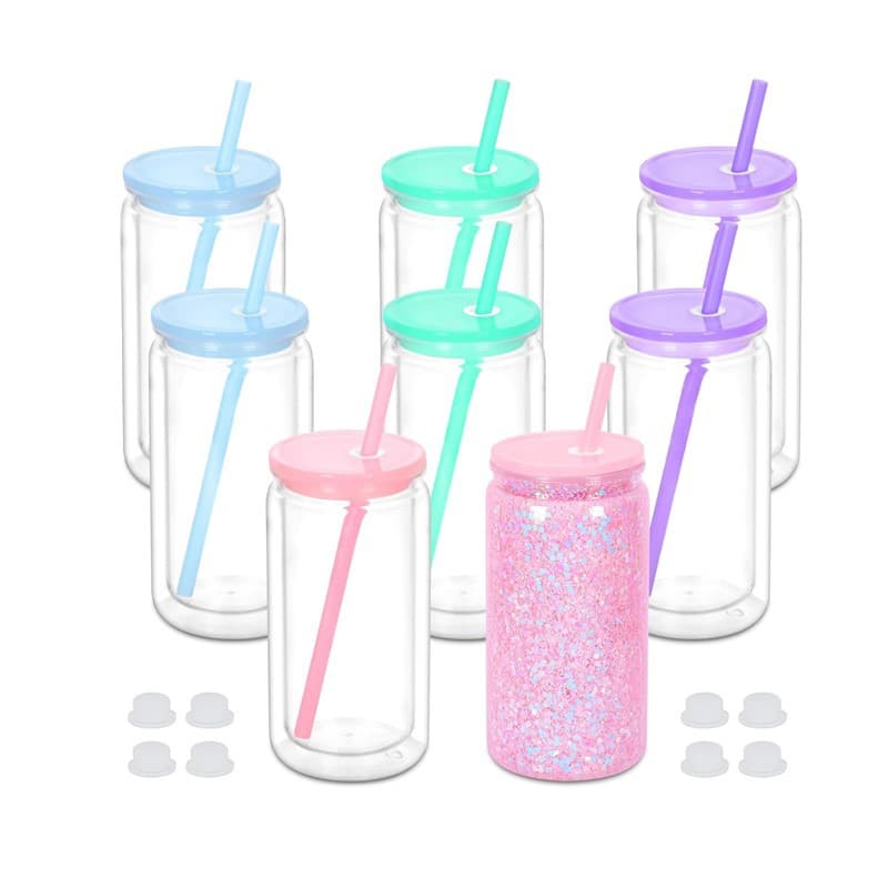 Color Double Layer Plastic Cup 16oz Plastic Mason Cup Eco-Friendly Jelly Color Suction Cup Portable Drop Resistant