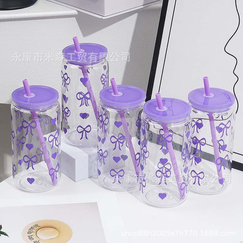 Cross-border hot-selling 16oz single-layer plastic cup with creative bow Mason tumbler, outdoor portable car accessory, convenient gift cup.