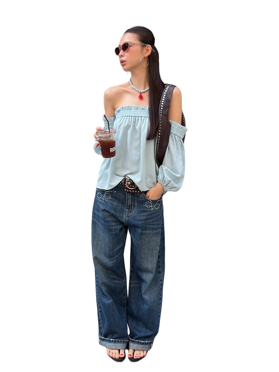 "3.20 Spring/Summer New Collection" Mmfish Lazy Off-Shoulder Puff Sleeve Detachable Strapless Top 26C159