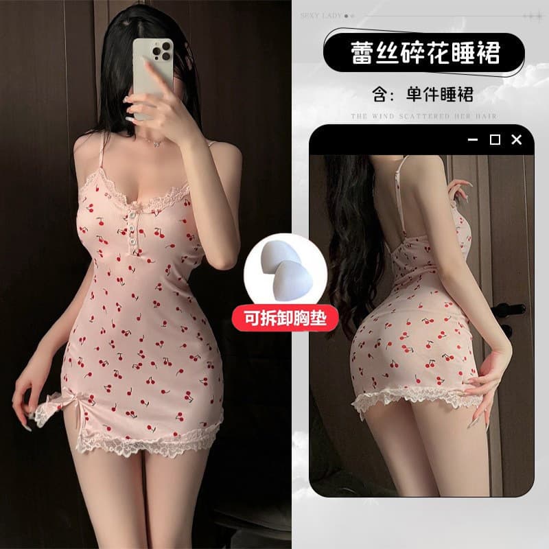 2026 New Sweet Floral Girl Pure Desire Style Sexy Strap Short Nightgown with Padded Bra Side Slit Loungewear