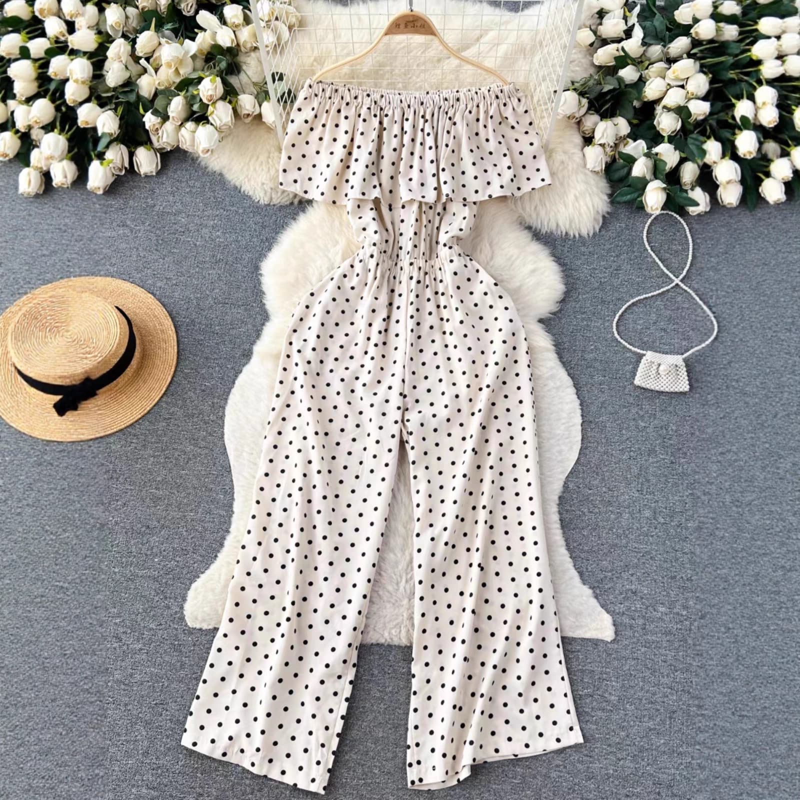 French style light luxury high-grade polka dot off-shoulder jumpsuit women's summer ruffled waist-tight design sense niche trousers