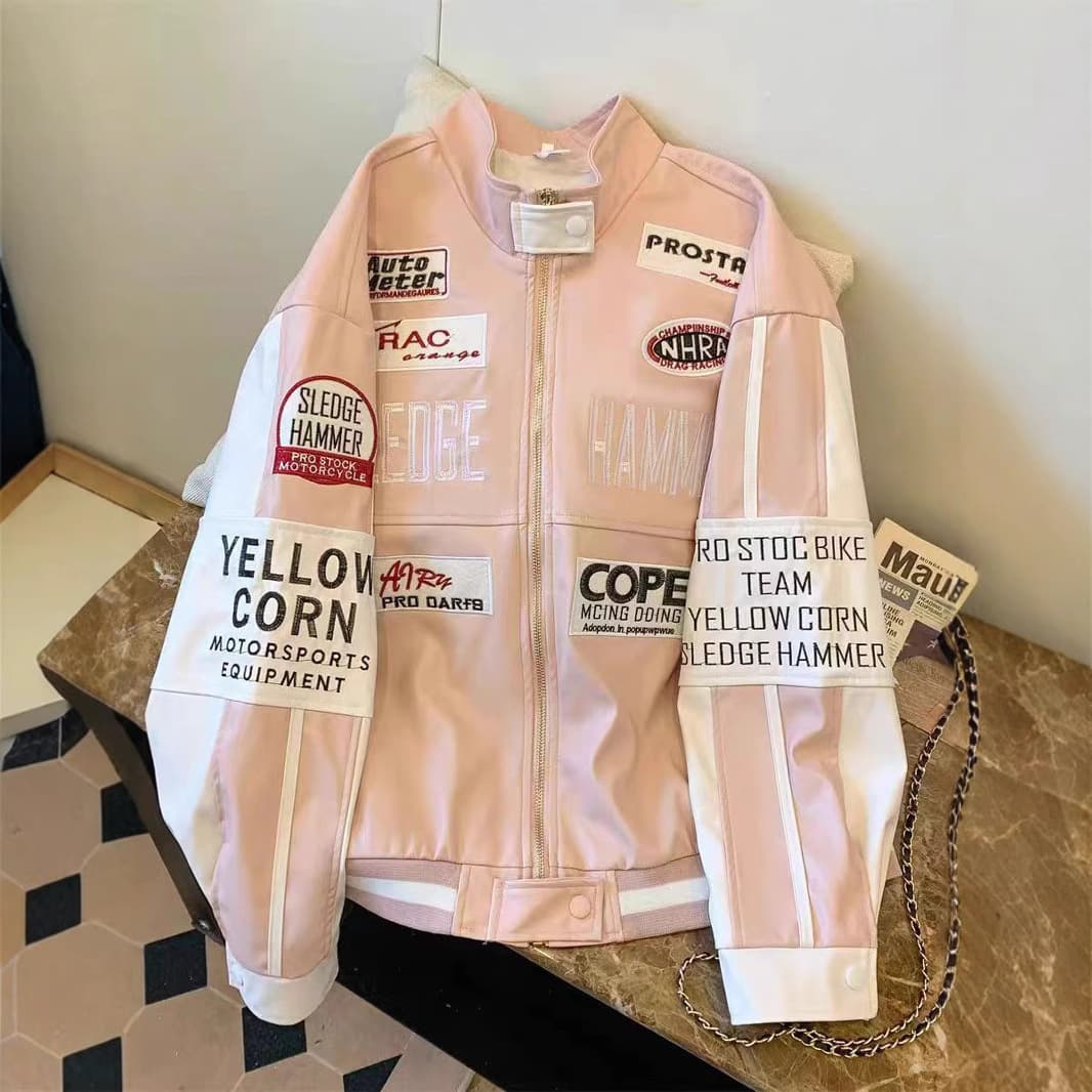 American streetwear brand Amazon embroidered PU leather baseball jacket for men and women, autumn high street vintage style racing jacket