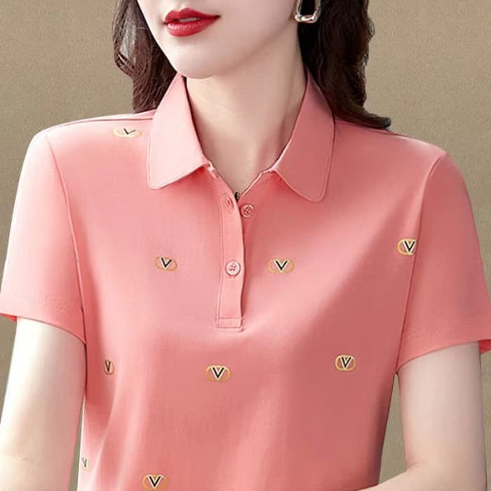 [9] 95% Cotton T-Shirt for Women Summer 2023 New Style 95% Cotton Short Sleeve Turn-Down Collar Fashionable Middle-Aged Mother