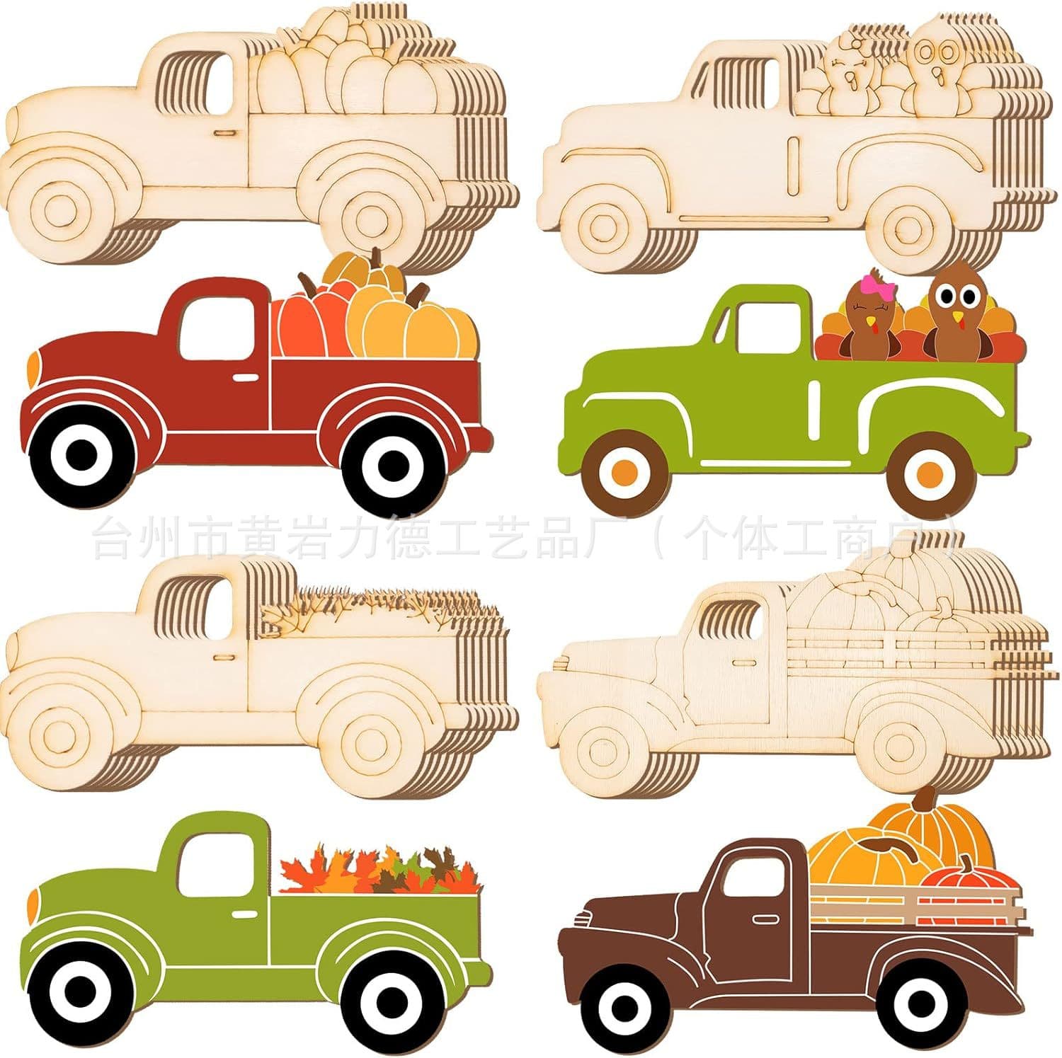 Cross-border 32 pieces unfinished Thanksgiving wooden hollow truck decoration ornaments autumn party hand-painted graffiti wood chips