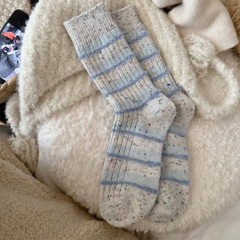 Wool Socks Set Blue Gray Warm Striped Chunky Socks