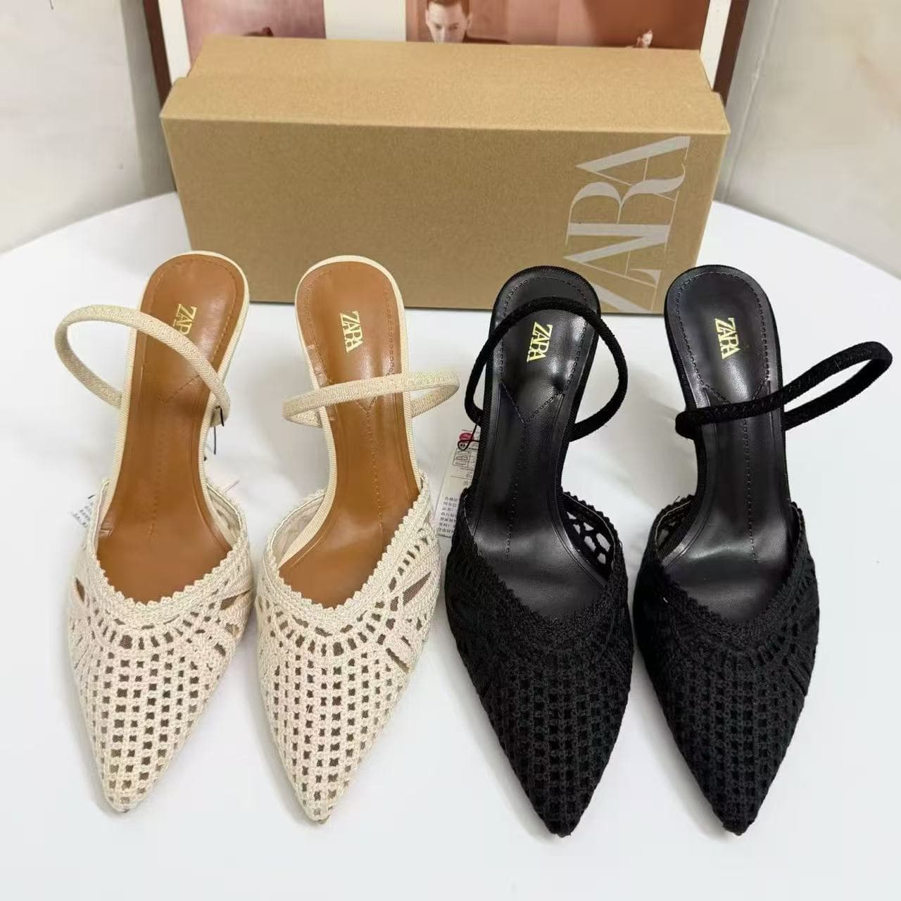 ZA2026 Summer New Women's Shoes Pointed Toe Woven Breathable Flat Strap Closed Toe Sandals Low Heel with Back Strap