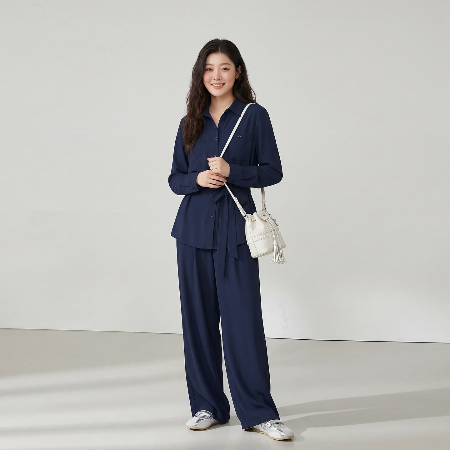 Commuting Long-Sleeved Collared Top and High-Waisted Wide-Leg Pants Spring Plus Size Women's Clothing Loose and Slimming Two-Piece Set 65569