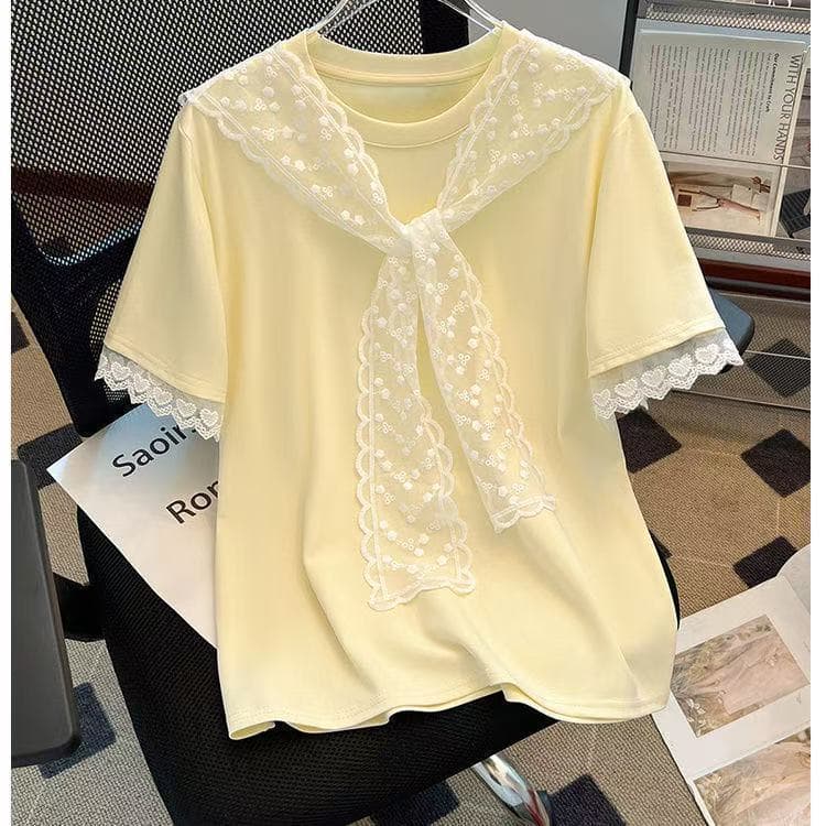 Plus Size Heavy Lace Shawl Short Sleeve T-Shirt for Women, 2025 Summer New Style, Slim Fit, Flattering, Fashionable Top