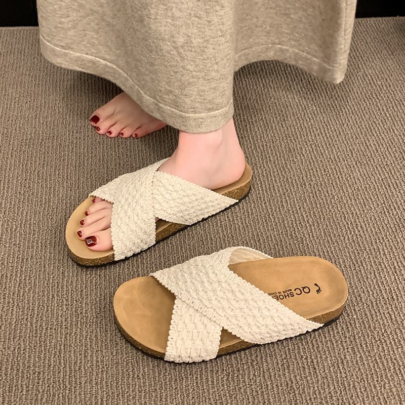 Plus Size Cross-Strap Knitted Slippers for Women Summer Outdoor 2025 New Thick Sole Birkenstock Style Beach Vacation Sandals