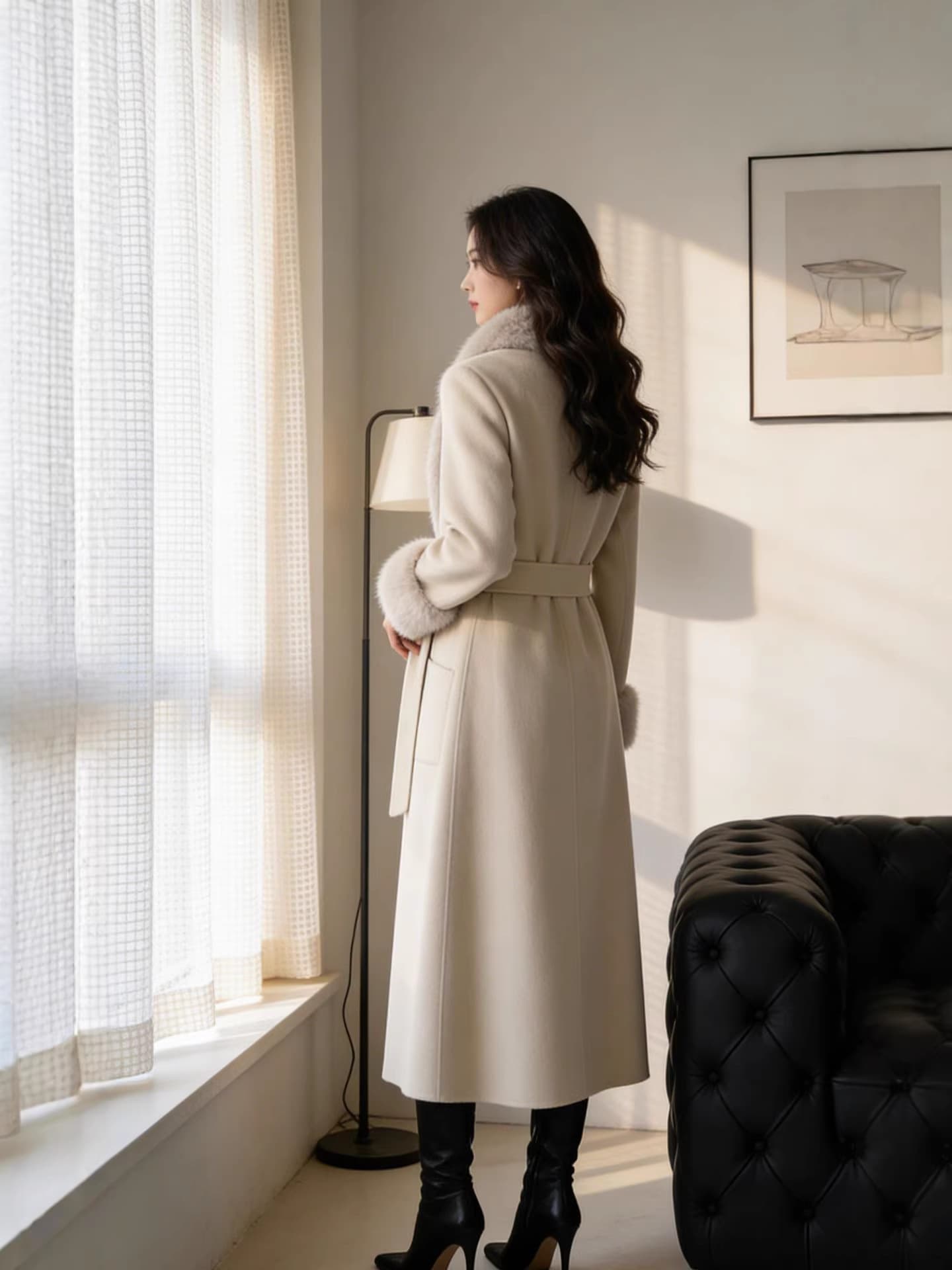 Winter New Extra Long Pure Wool Finnish Mink Fur Collar High-End Double-Faced Wool Coat