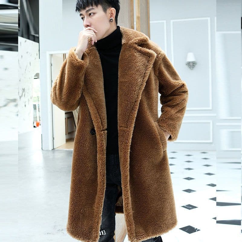 Men's Winter Leather Jacket, Faux Shearling Long Coat, Faux Alpaca Wool Coat, Camel Color, Faux Mink Fur Coat