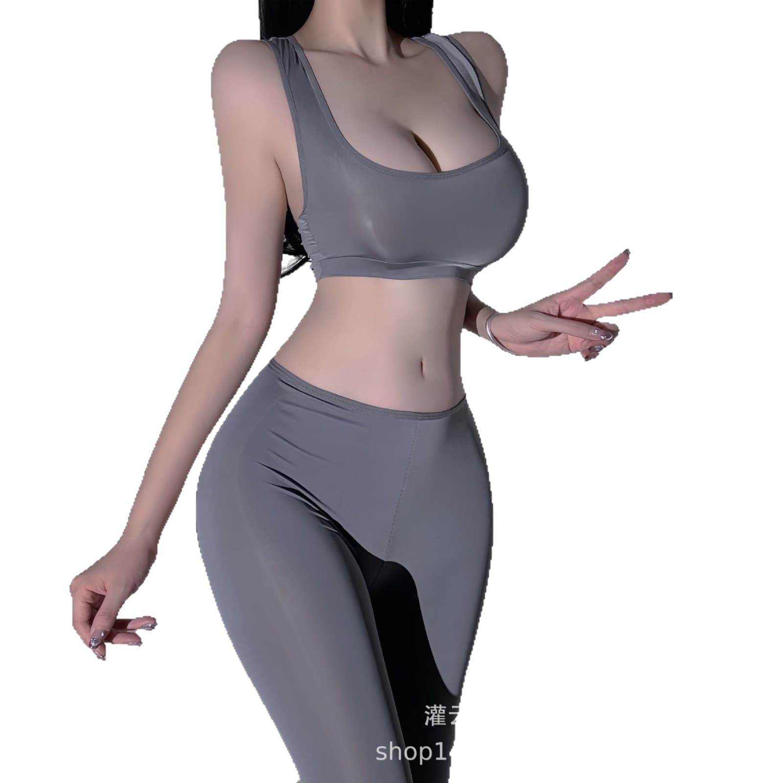 Sexy Lingerie, Ice Silk, Smooth, Open-Crotch, Easy to Wear, No Need to Take Off, Women's Open-Crotch Zipper Yoga Pants Set, One-Piece Wholesale