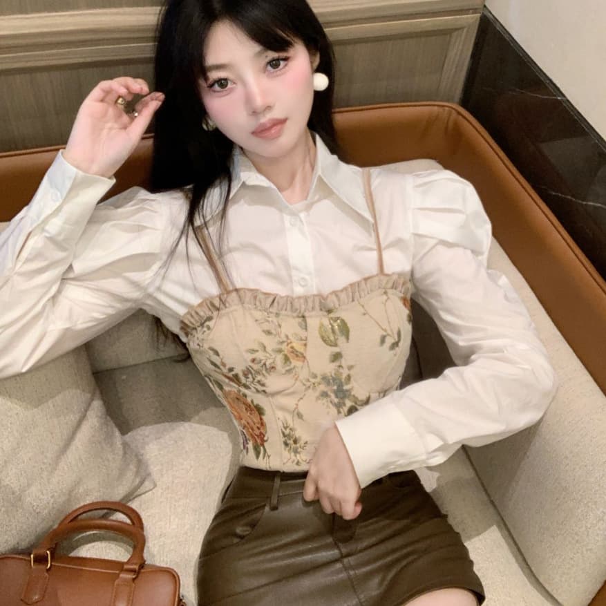 Design Sense Wood-ear Stitching Camisole Women's Spring Wear Vintage Jacquard Short Slim-fit Top Chest Wrapping Base Shirt